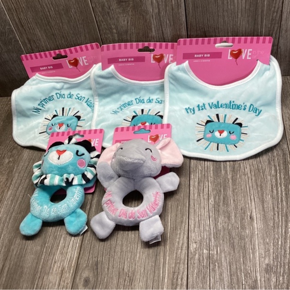 My First Valentine's Day Bib Set 3 Baby Rattle’s Set 2 Love In The Air 0-12M NWT
